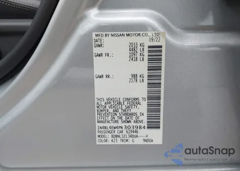 2023 Nissan Altima Sl Intelligent Awd из США, поврежденный, VIN 1N4BL4EW4PN303984